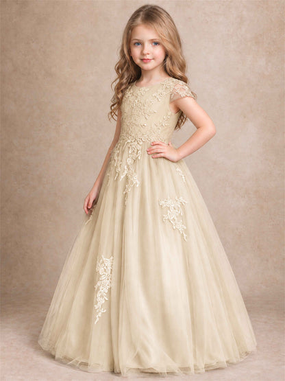 Cap Sleeve Lace Applique Tulle Flower Girl Dress Kids Wedding Party Princess Gown
