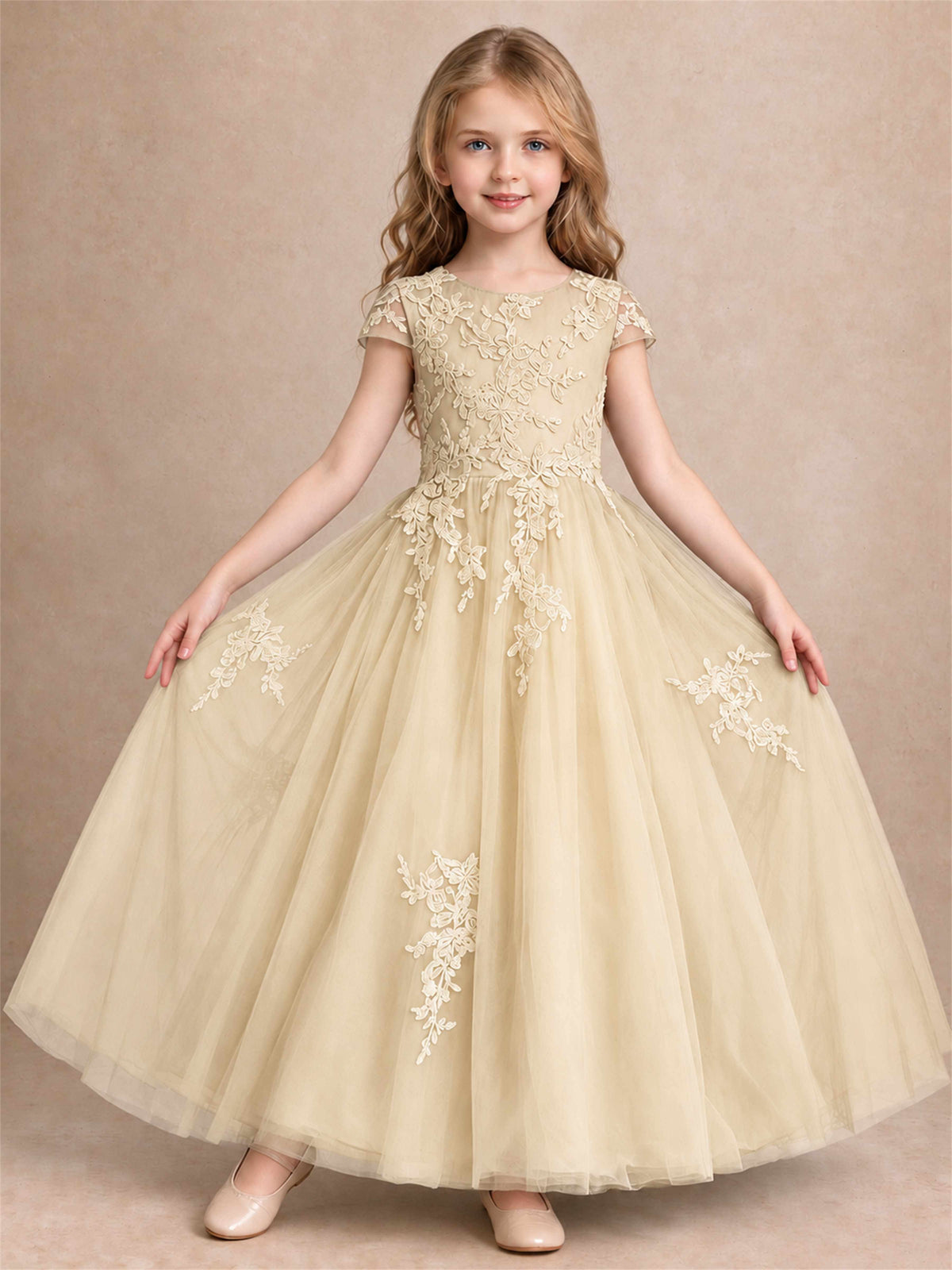 Cap Sleeve Lace Applique Tulle Flower Girl Dress Kids Wedding Party Princess Gown