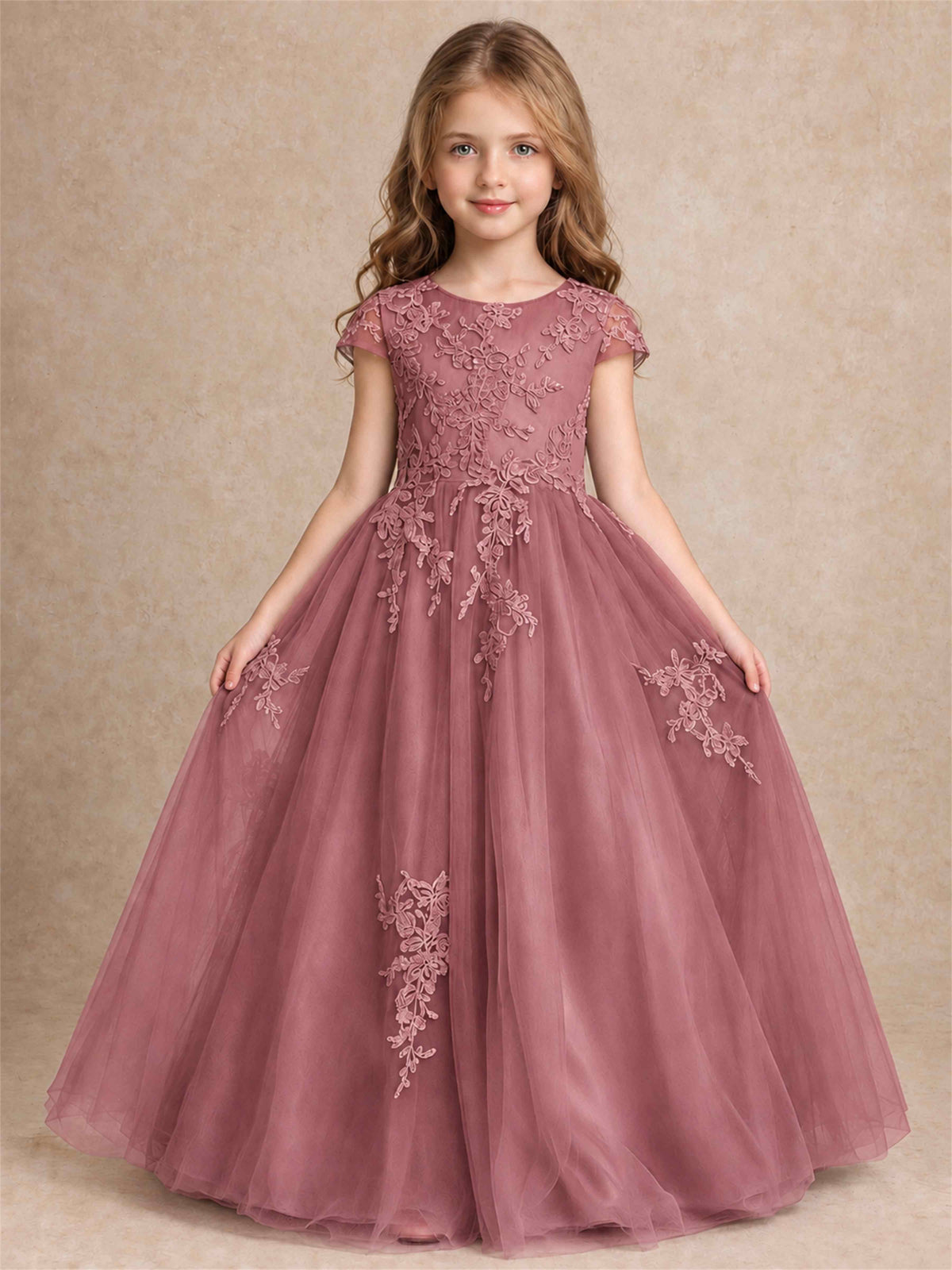Cap Sleeve Lace Applique Tulle Flower Girl Dress Kids Wedding Party Princess Gown