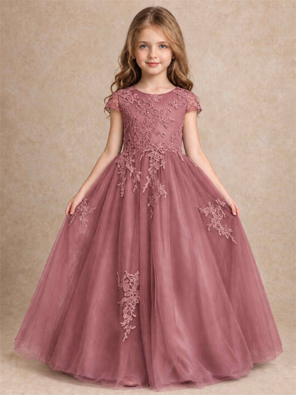 Cap Sleeve Lace Applique Tulle Flower Girl Dress Kids Wedding Party Princess Gown