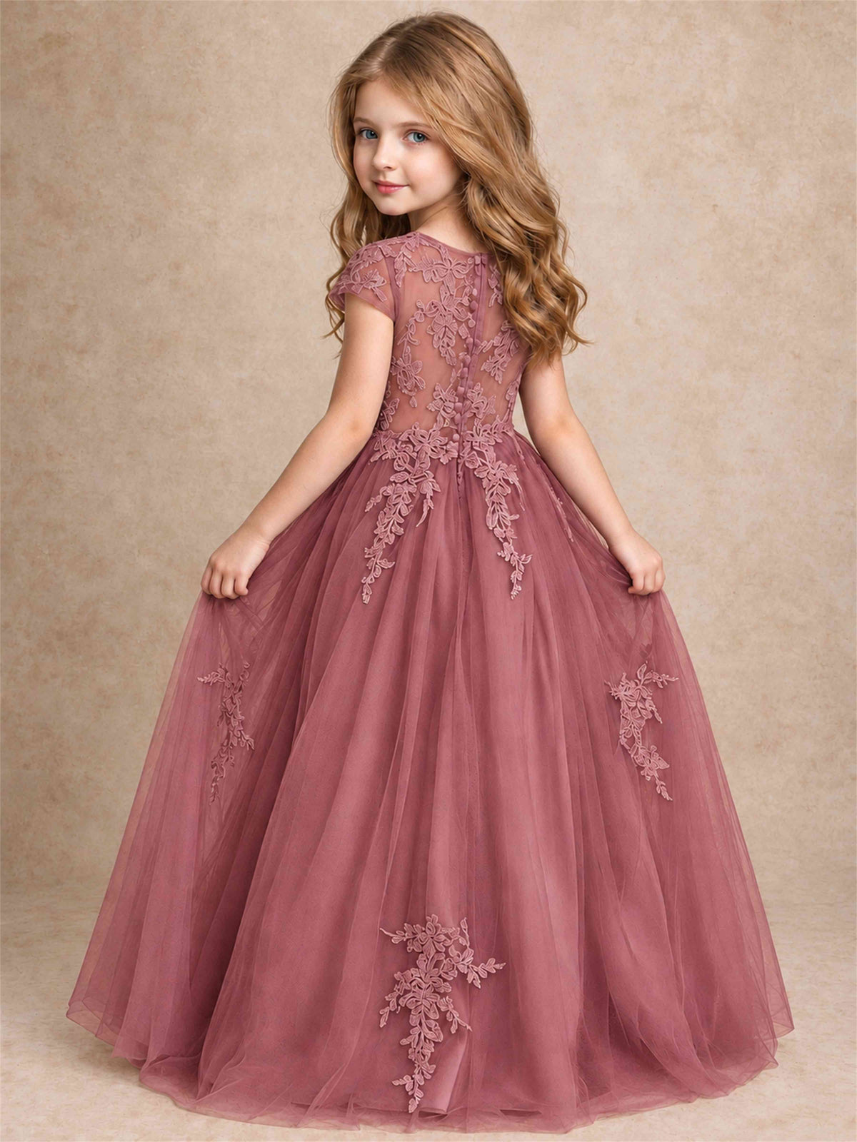 Cap Sleeve Lace Applique Tulle Flower Girl Dress Kids Wedding Party Princess Gown