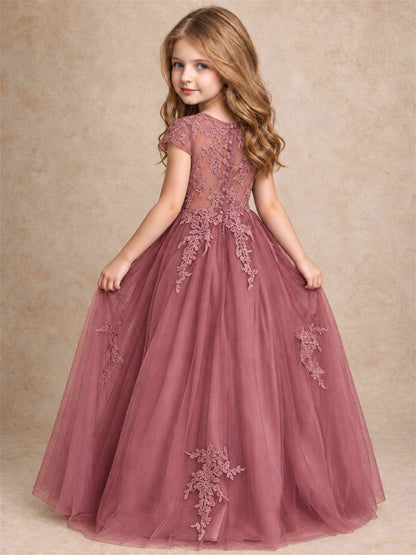 Cap Sleeve Lace Applique Tulle Flower Girl Dress Kids Wedding Party Princess Gown