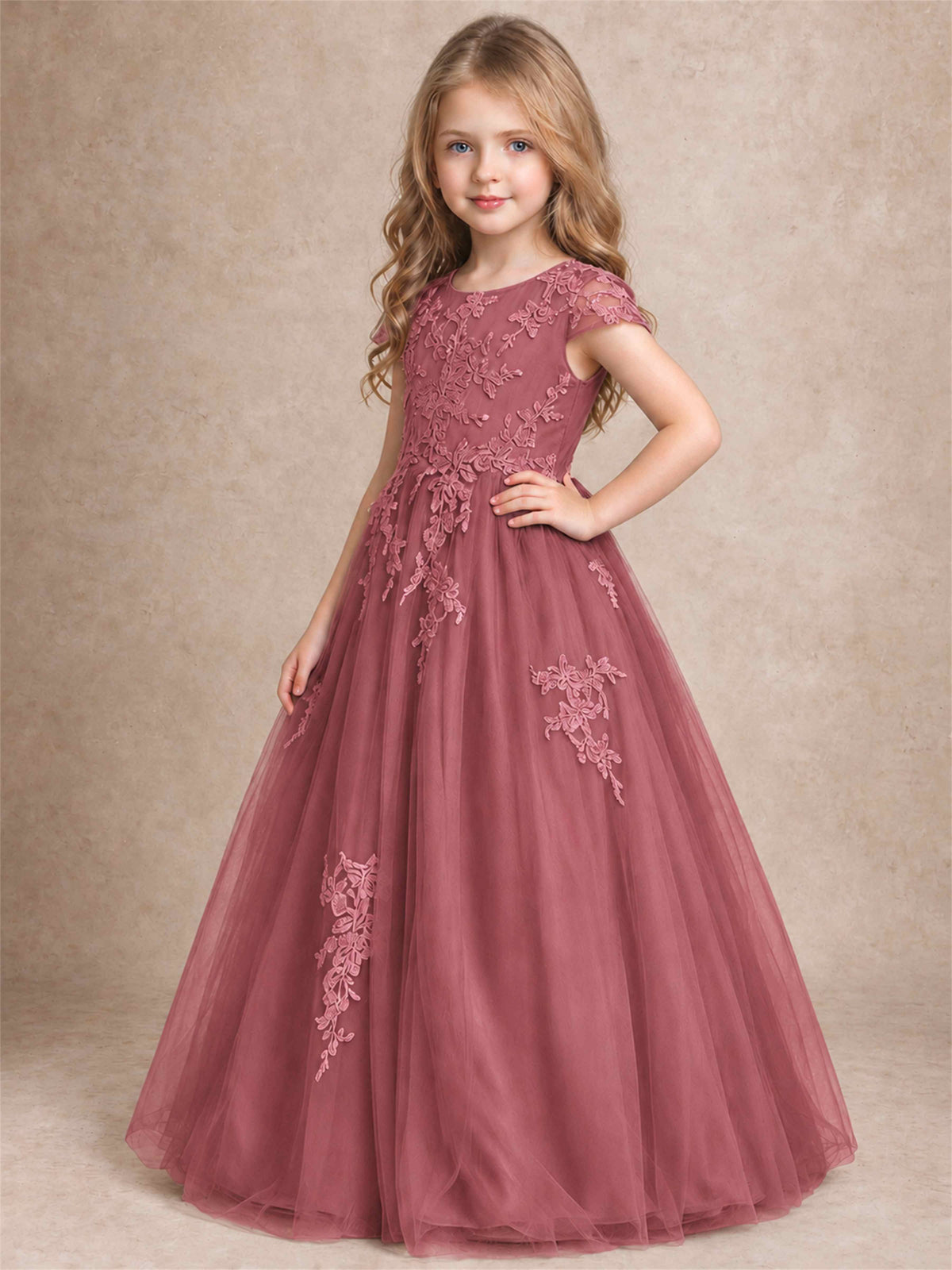 Cap Sleeve Lace Applique Tulle Flower Girl Dress Kids Wedding Party Princess Gown