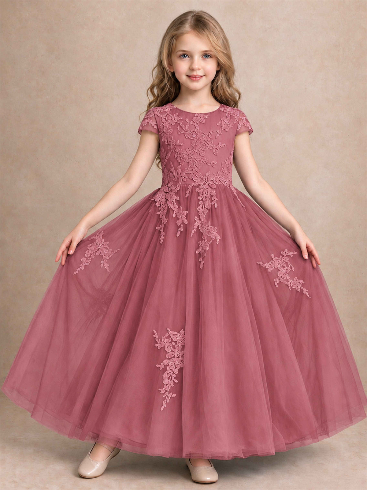 Cap Sleeve Lace Applique Tulle Flower Girl Dress Kids Wedding Party Princess Gown