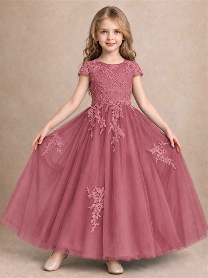 Cap Sleeve Lace Applique Tulle Flower Girl Dress Kids Wedding Party Princess Gown