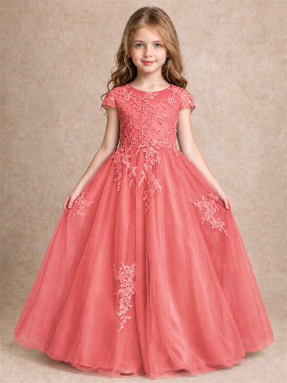 Cap Sleeve Lace Applique Tulle Flower Girl Dress Kids Wedding Party Princess Gown