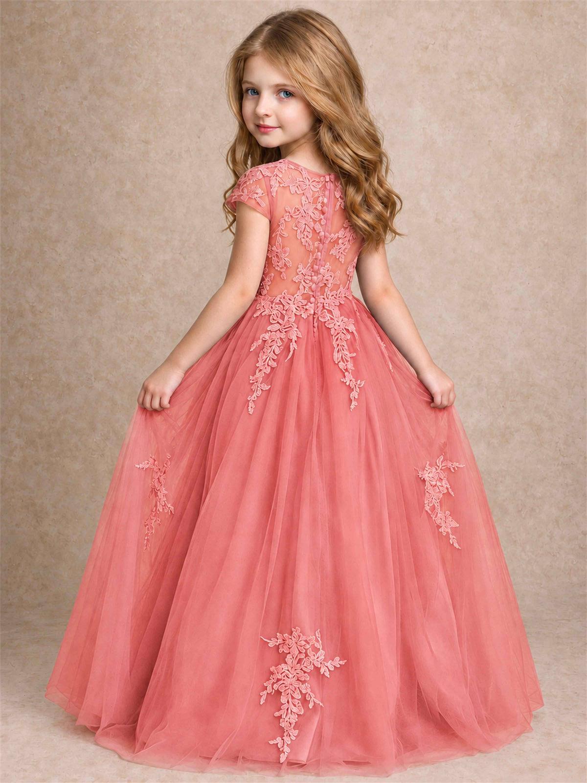 Cap Sleeve Lace Applique Tulle Flower Girl Dress Kids Wedding Party Princess Gown