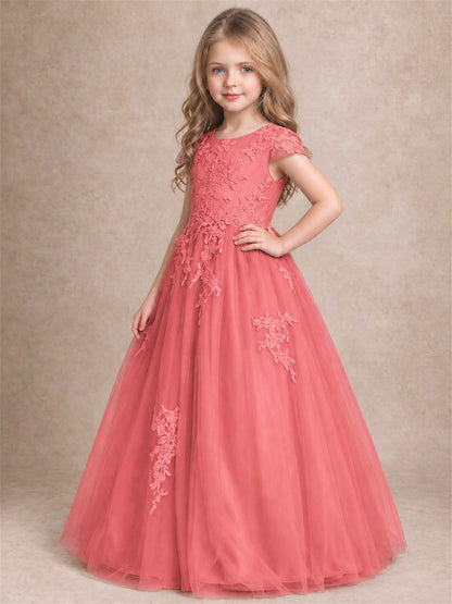 Cap Sleeve Lace Applique Tulle Flower Girl Dress Kids Wedding Party Princess Gown