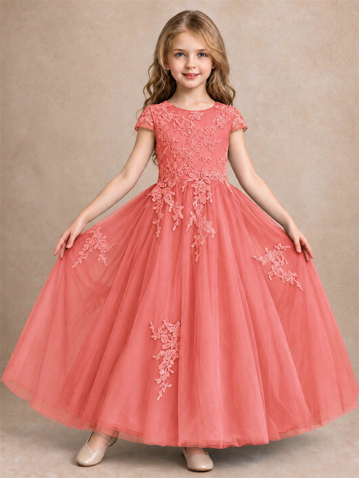 Cap Sleeve Lace Applique Tulle Flower Girl Dress Kids Wedding Party Princess Gown