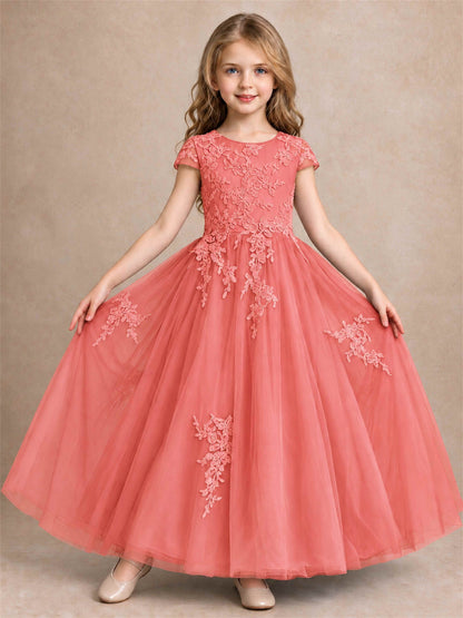 Cap Sleeve Lace Applique Tulle Flower Girl Dress Kids Wedding Party Princess Gown