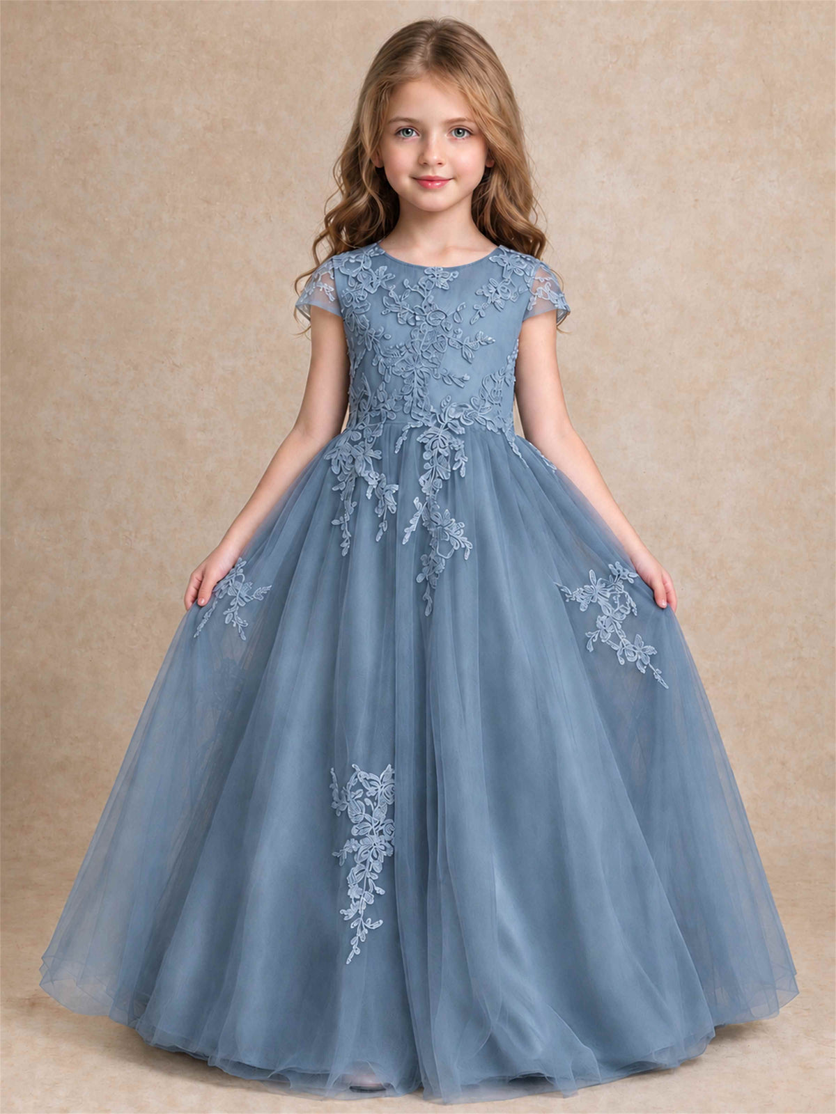 Cap Sleeve Lace Applique Tulle Flower Girl Dress Kids Wedding Party Princess Gown