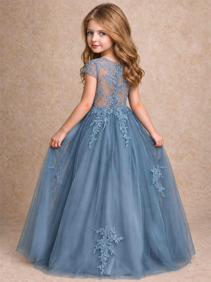 Cap Sleeve Lace Applique Tulle Flower Girl Dress Kids Wedding Party Princess Gown
