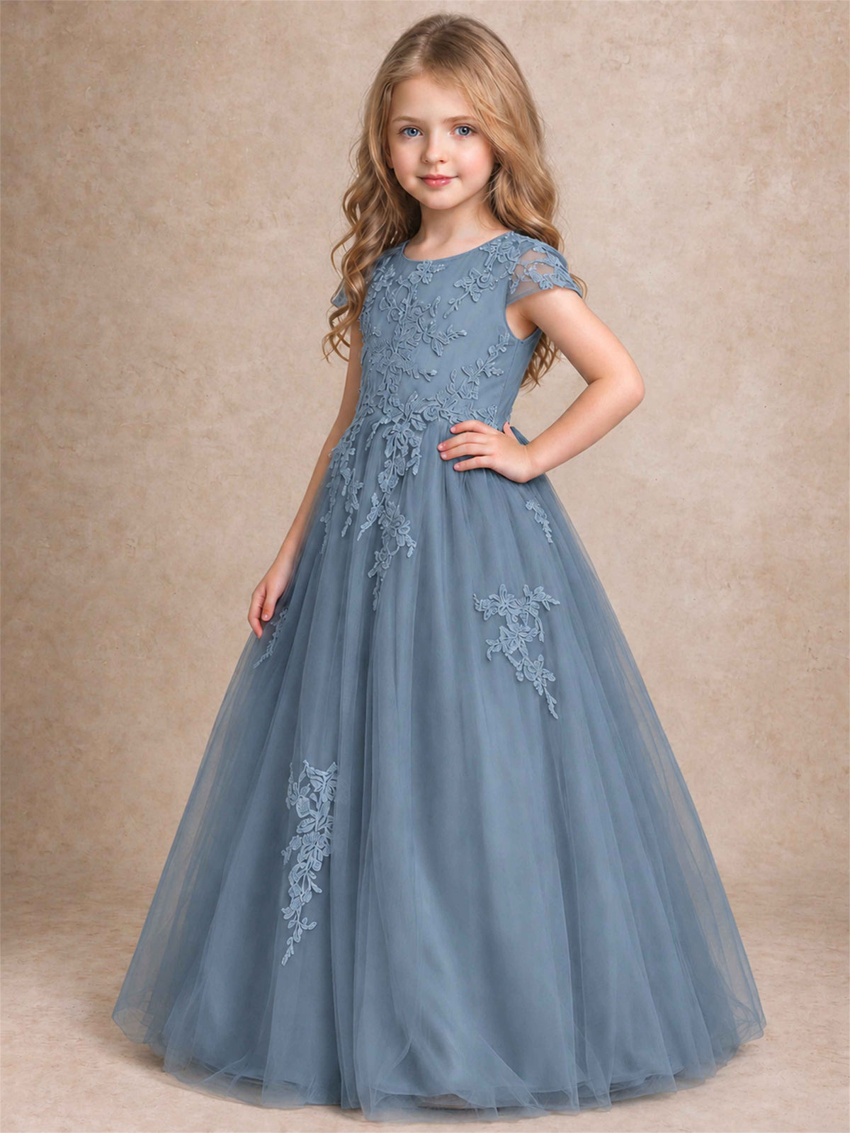 Cap Sleeve Lace Applique Tulle Flower Girl Dress Kids Wedding Party Princess Gown