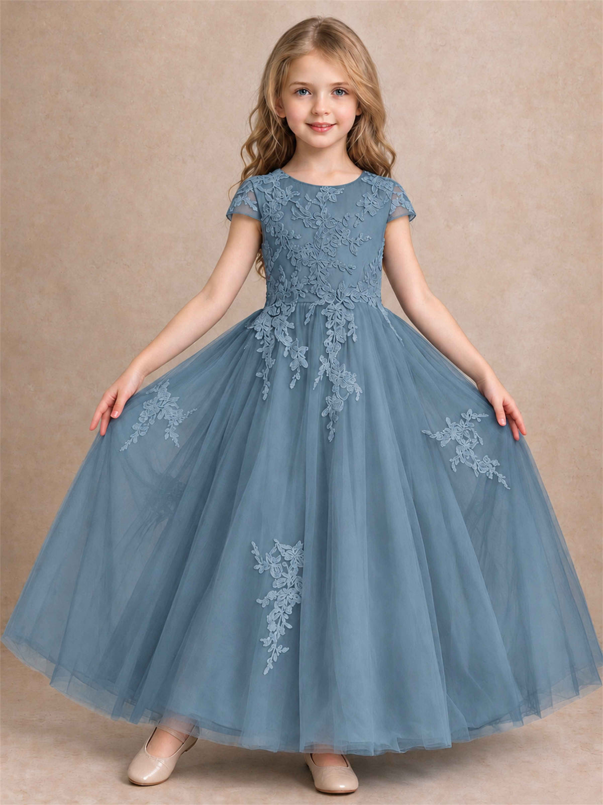 Cap Sleeve Lace Applique Tulle Flower Girl Dress Kids Wedding Party Princess Gown