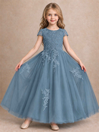 Cap Sleeve Lace Applique Tulle Flower Girl Dress Kids Wedding Party Princess Gown