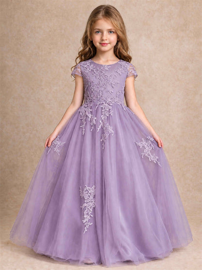 Cap Sleeve Lace Applique Tulle Flower Girl Dress Kids Wedding Party Princess Gown