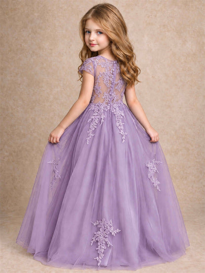 Cap Sleeve Lace Applique Tulle Flower Girl Dress Kids Wedding Party Princess Gown