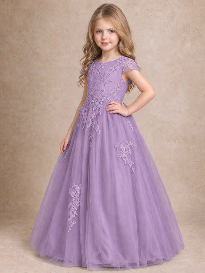 Cap Sleeve Lace Applique Tulle Flower Girl Dress Kids Wedding Party Princess Gown