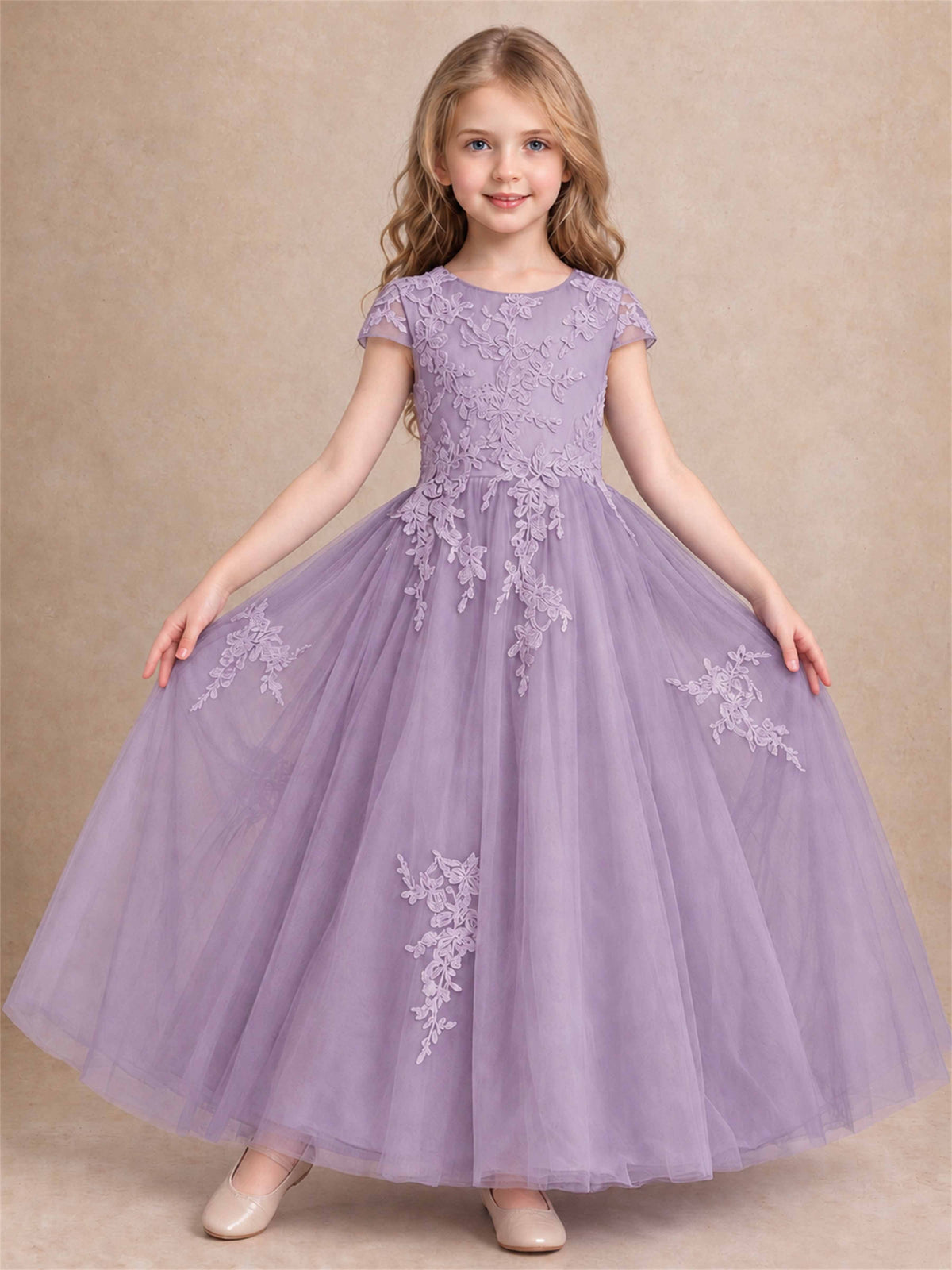 Cap Sleeve Lace Applique Tulle Flower Girl Dress Kids Wedding Party Princess Gown