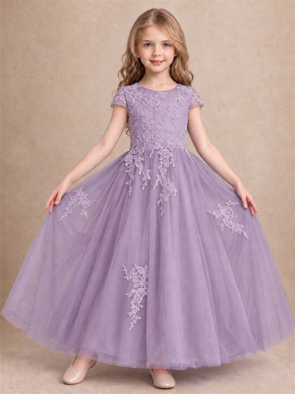 Cap Sleeve Lace Applique Tulle Flower Girl Dress Kids Wedding Party Princess Gown