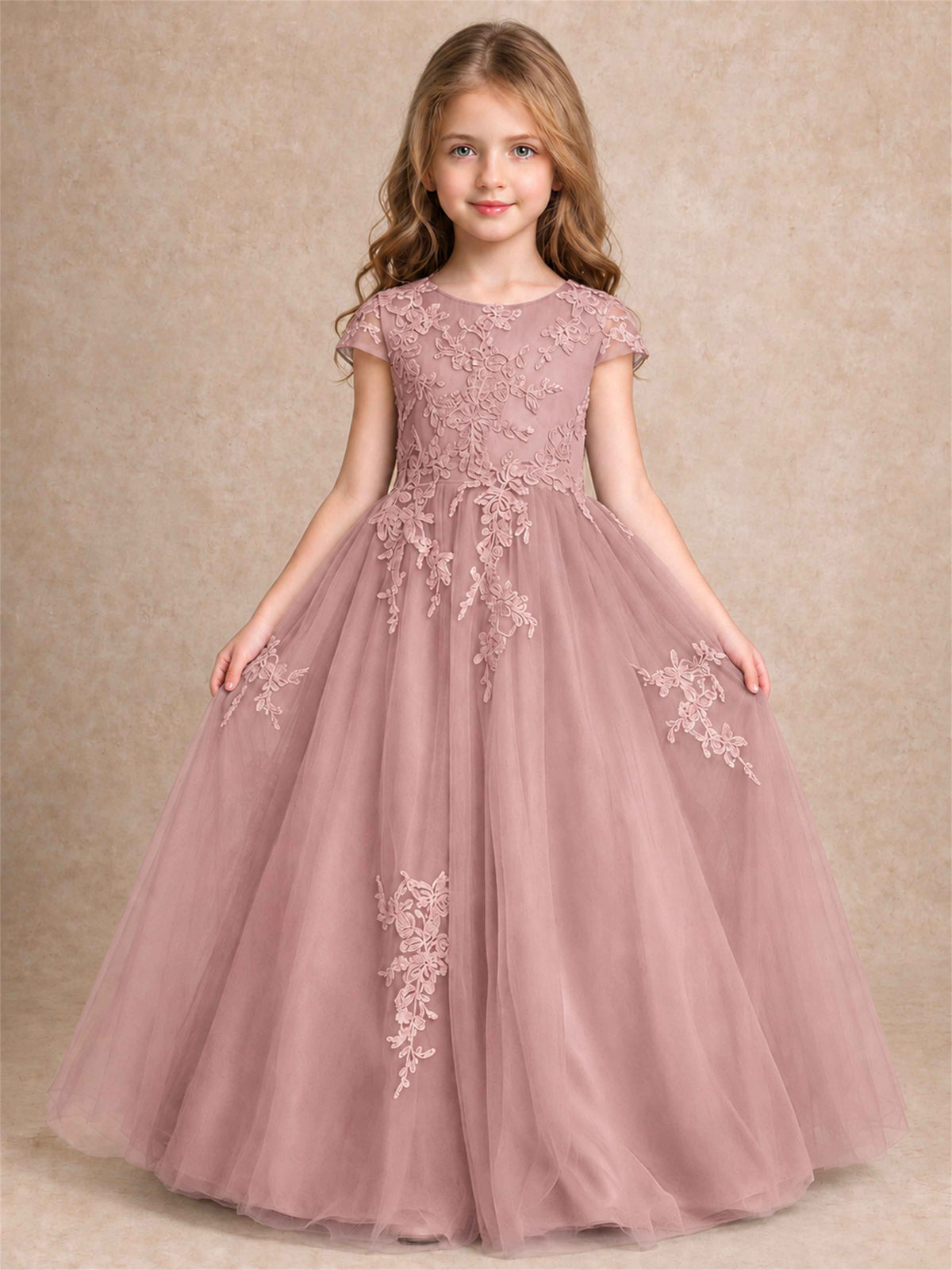 Cap Sleeve Lace Applique Tulle Flower Girl Dress Kids Wedding Party Princess Gown