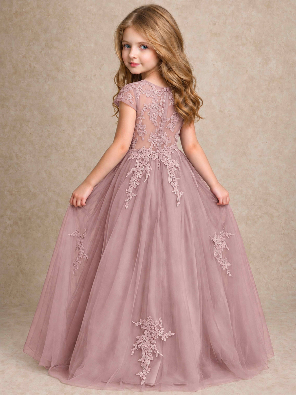 Cap Sleeve Lace Applique Tulle Flower Girl Dress Kids Wedding Party Princess Gown