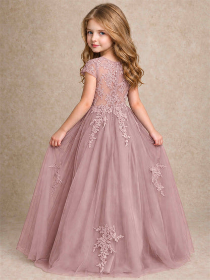 Cap Sleeve Lace Applique Tulle Flower Girl Dress Kids Wedding Party Princess Gown