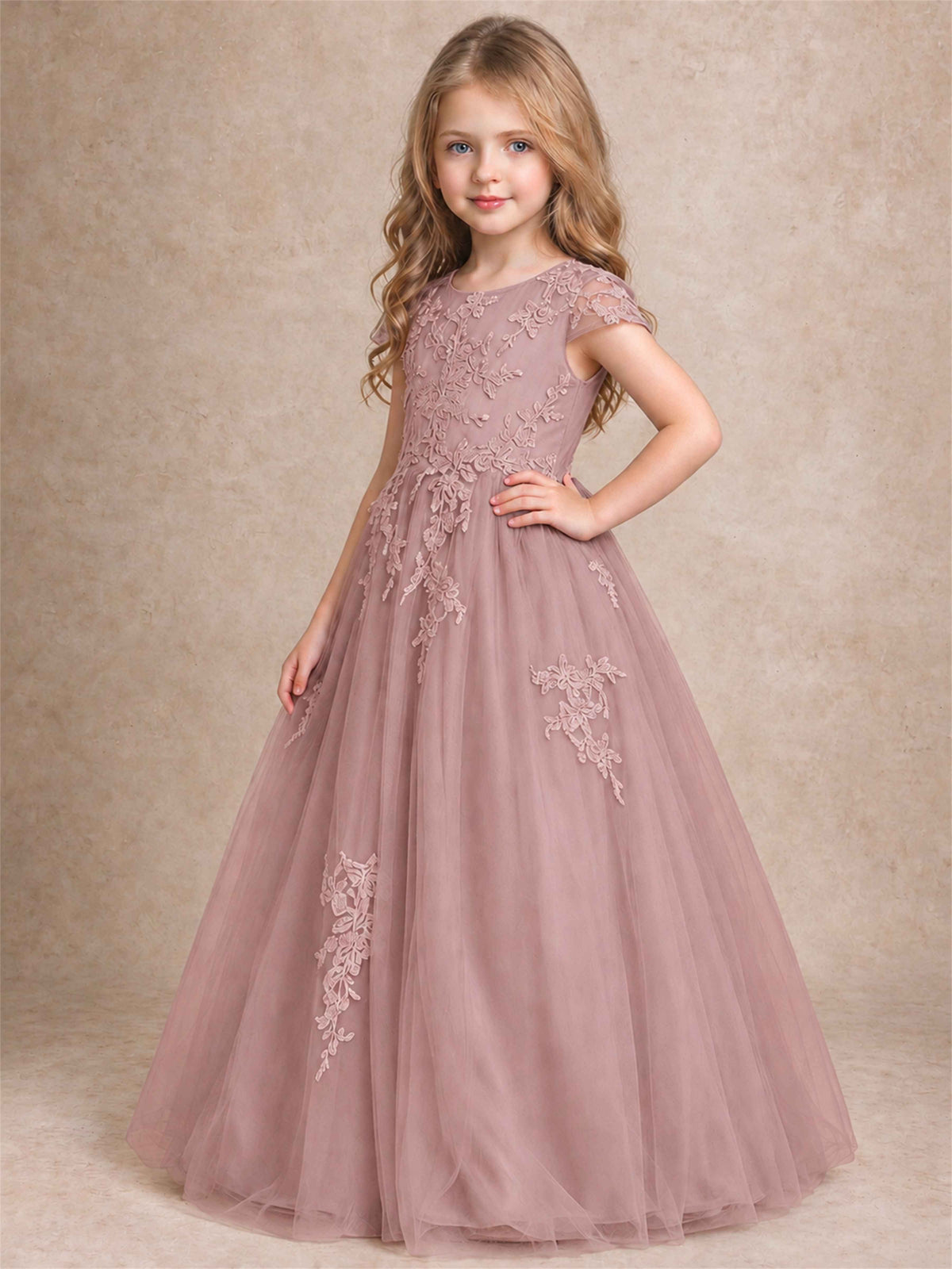 Cap Sleeve Lace Applique Tulle Flower Girl Dress Kids Wedding Party Princess Gown