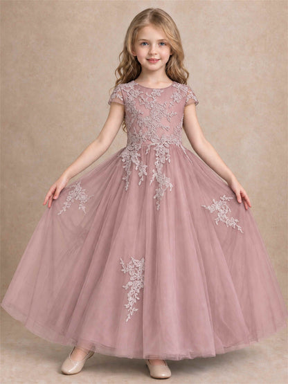 Cap Sleeve Lace Applique Tulle Flower Girl Dress Kids Wedding Party Princess Gown