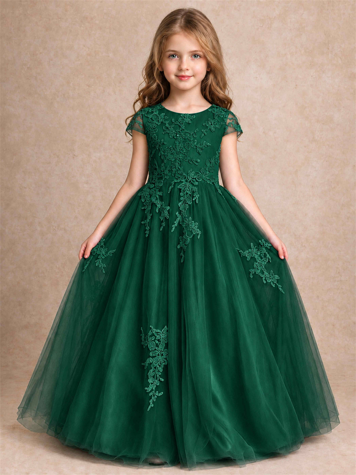 Cap Sleeve Lace Applique Tulle Flower Girl Dress Kids Wedding Party Princess Gown