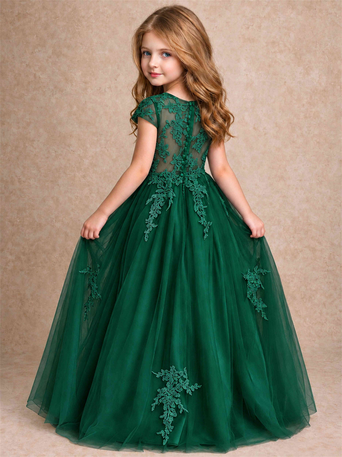 Cap Sleeve Lace Applique Tulle Flower Girl Dress Kids Wedding Party Princess Gown
