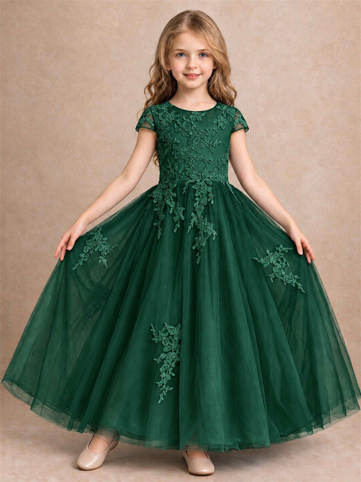 Cap Sleeve Lace Applique Tulle Flower Girl Dress Kids Wedding Party Princess Gown
