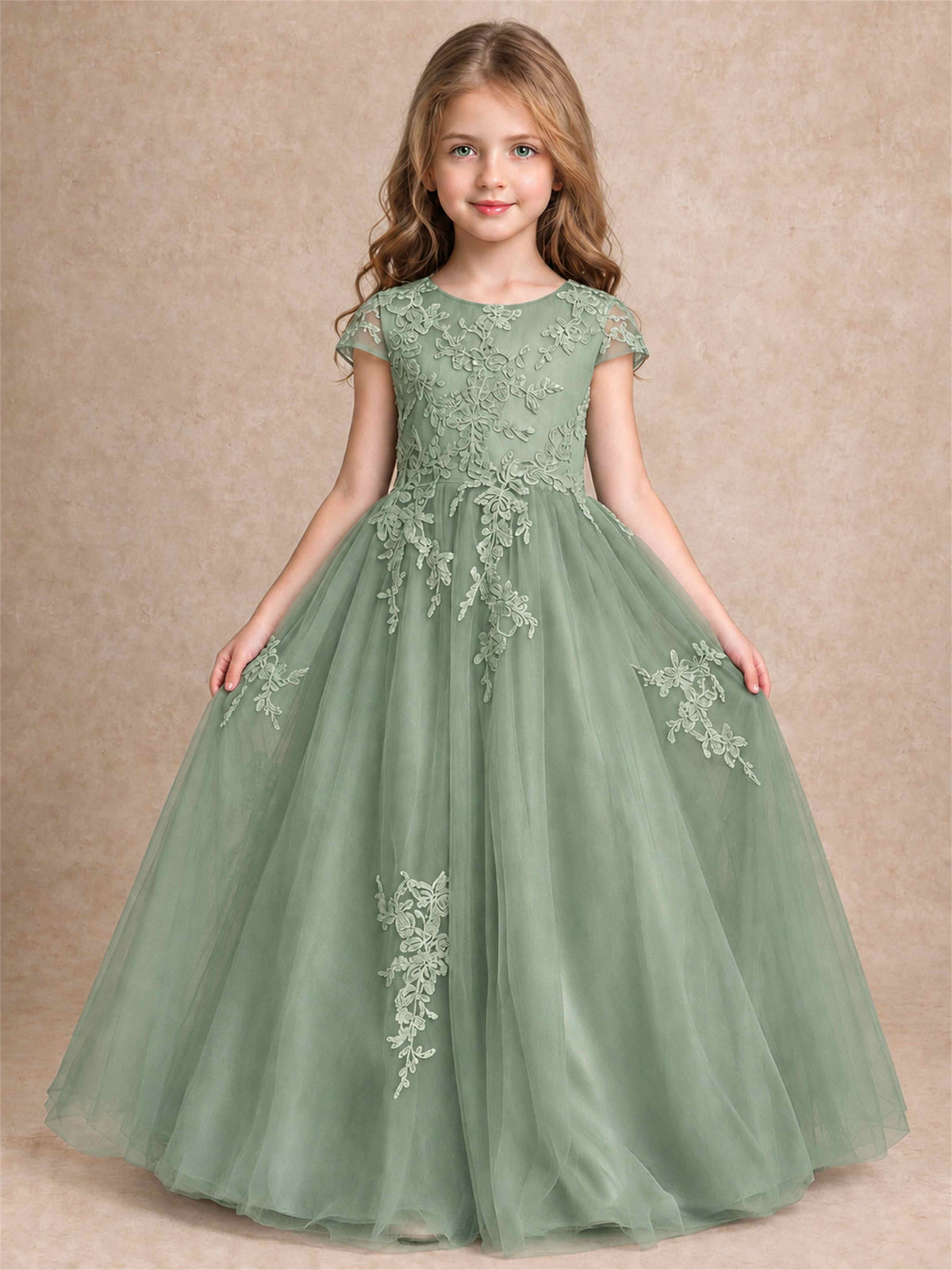 Cap Sleeve Lace Applique Tulle Flower Girl Dress Kids Wedding Party Princess Gown