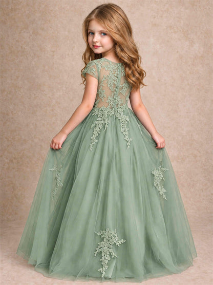 Cap Sleeve Lace Applique Tulle Flower Girl Dress Kids Wedding Party Princess Gown