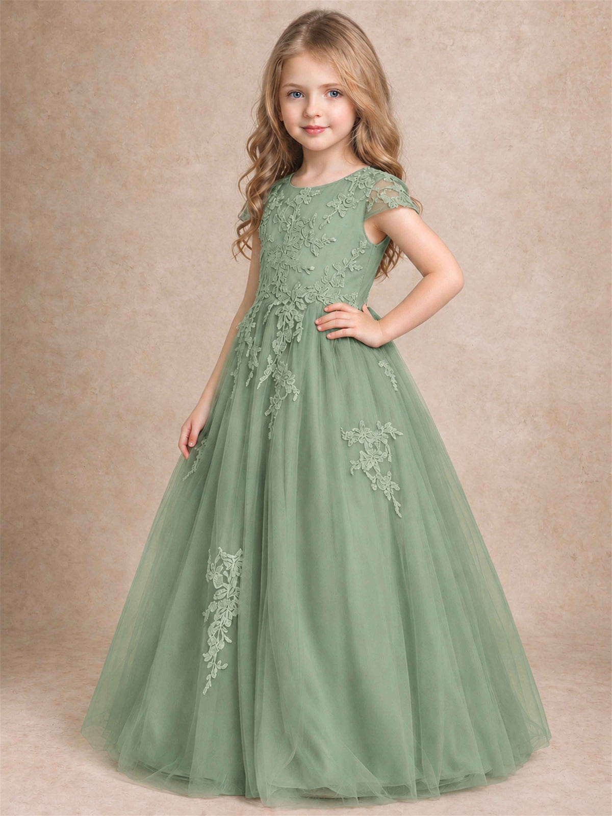 Cap Sleeve Lace Applique Tulle Flower Girl Dress Kids Wedding Party Princess Gown