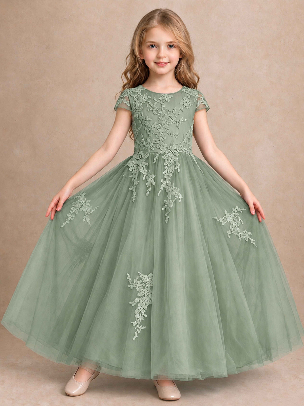 Cap Sleeve Lace Applique Tulle Flower Girl Dress Kids Wedding Party Princess Gown