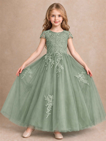 Cap Sleeve Lace Applique Tulle Flower Girl Dress Kids Wedding Party Princess Gown