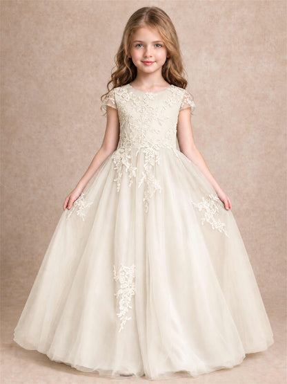 Cap Sleeve Lace Applique Tulle Flower Girl Dress Kids Wedding Party Princess Gown