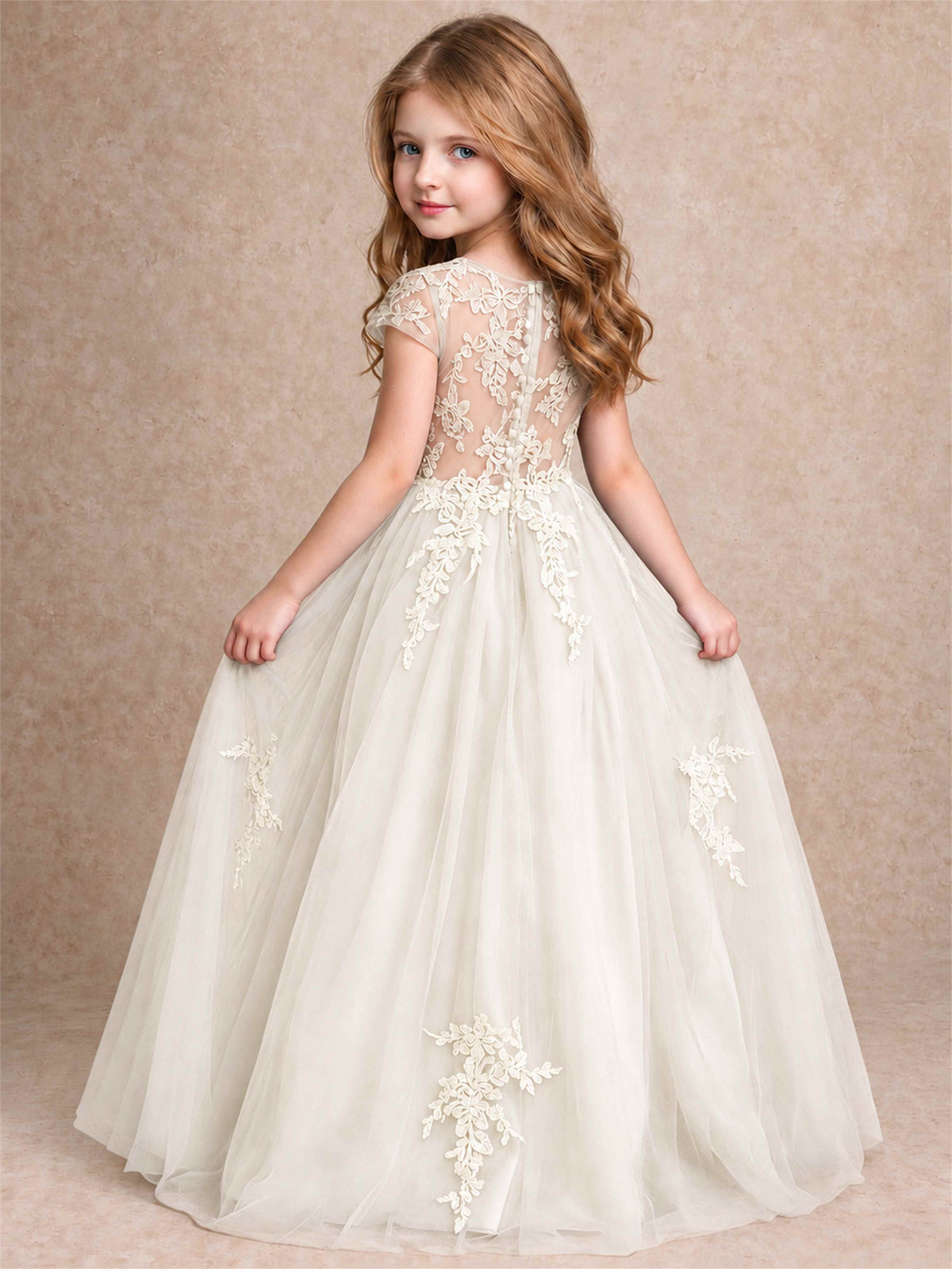 Cap Sleeve Lace Applique Tulle Flower Girl Dress Kids Wedding Party Princess Gown