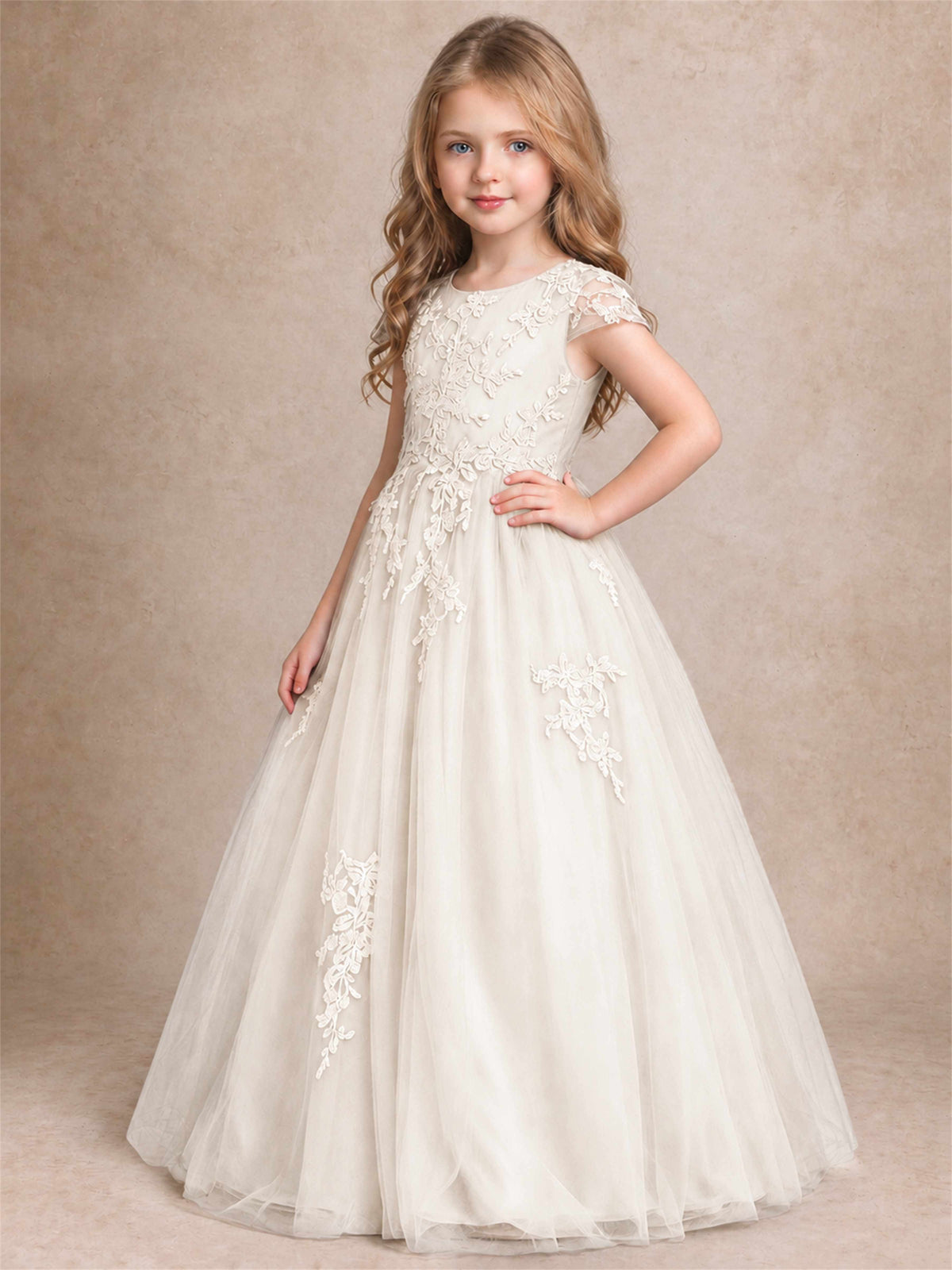 Cap Sleeve Lace Applique Tulle Flower Girl Dress Kids Wedding Party Princess Gown