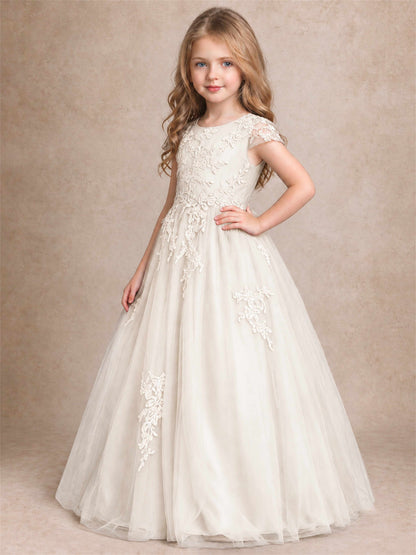 Cap Sleeve Lace Applique Tulle Flower Girl Dress Kids Wedding Party Princess Gown
