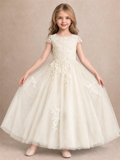 Cap Sleeve Lace Applique Tulle Flower Girl Dress Kids Wedding Party Princess Gown