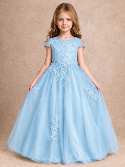 Cap Sleeve Lace Applique Tulle Flower Girl Dress Kids Wedding Party Princess Gown
