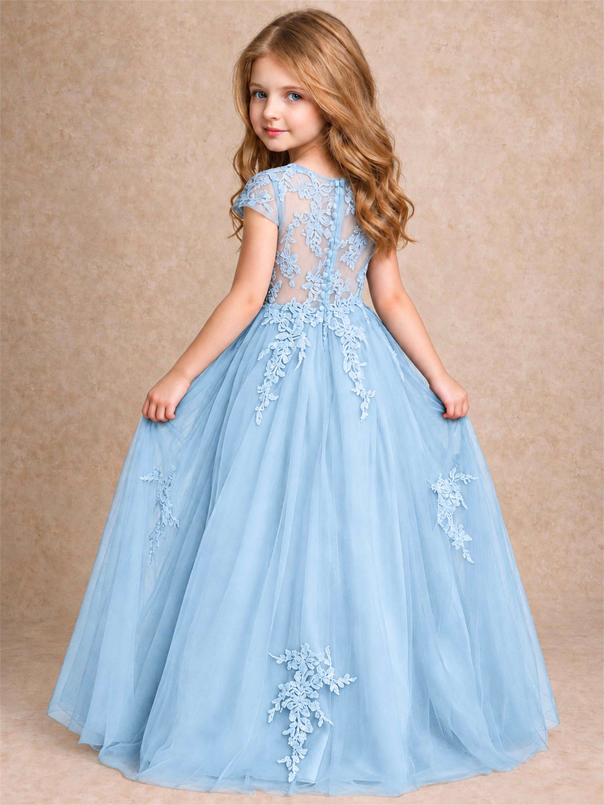 Cap Sleeve Lace Applique Tulle Flower Girl Dress Kids Wedding Party Princess Gown