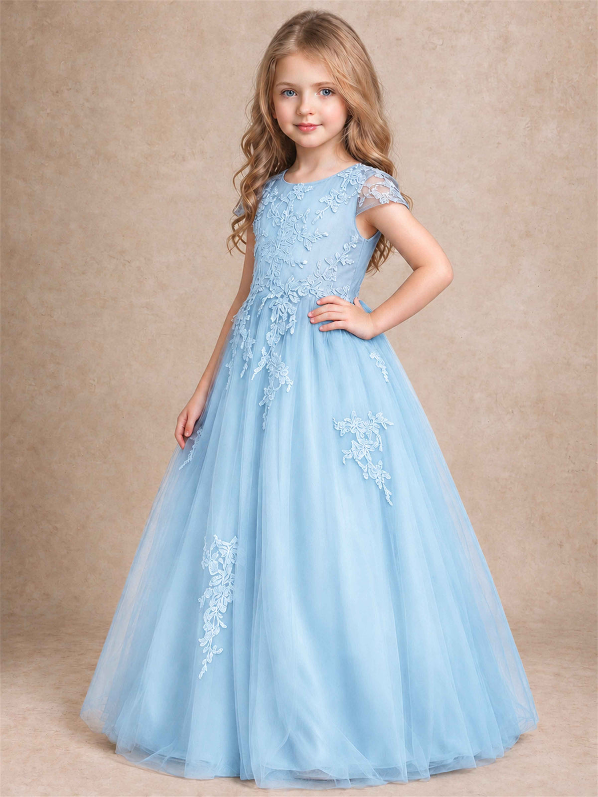 Cap Sleeve Lace Applique Tulle Flower Girl Dress Kids Wedding Party Princess Gown