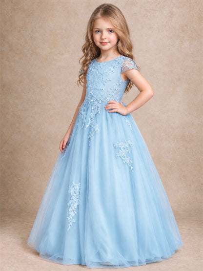 Cap Sleeve Lace Applique Tulle Flower Girl Dress Kids Wedding Party Princess Gown