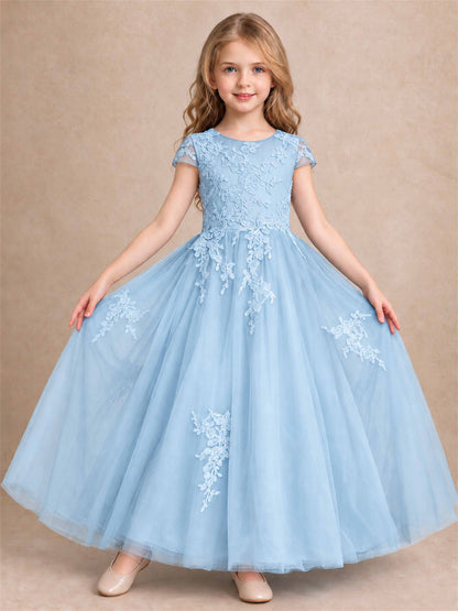 Cap Sleeve Lace Applique Tulle Flower Girl Dress Kids Wedding Party Princess Gown