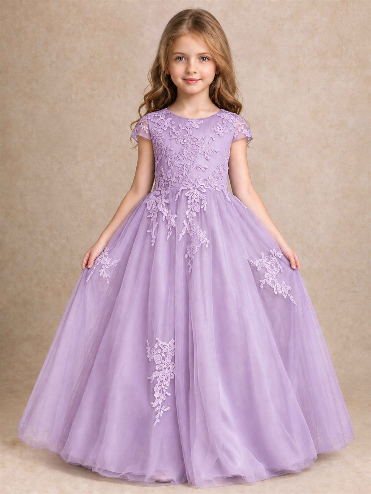 Cap Sleeve Lace Applique Tulle Flower Girl Dress Kids Wedding Party Princess Gown