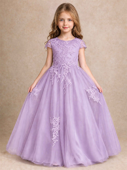 Cap Sleeve Lace Applique Tulle Flower Girl Dress Kids Wedding Party Princess Gown