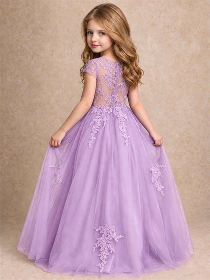 Cap Sleeve Lace Applique Tulle Flower Girl Dress Kids Wedding Party Princess Gown